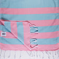 Turkish Bath & Home flat weave wide stripe scarf featuring vibrant multicolor horizontal stripes and a soft, lightweight fabric.
