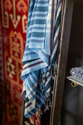 Turkish Bath & Home Stripe Check lightweight towel featuring blue and white city classic pattern, soft and absorbent for beach or bath.