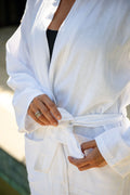 Luxury certified organic cotton, lightweight and handwoven by Turkish artisans. Breathable, sustainable, luxury bathrobe for everyday comfort.
