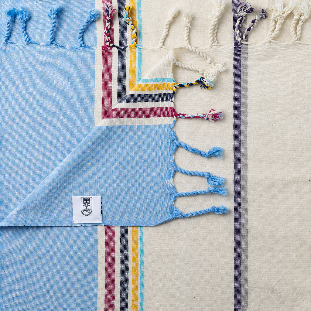 Turkish Bath & Home modern multi stripe lightweight towel with white and sky blue colors, soft and absorbent for everyday use.