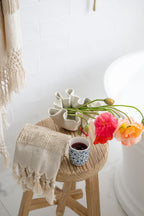 Small Ecru striped hand towel from Turkish Bath & Home, soft thick cotton towel for bathroom use.