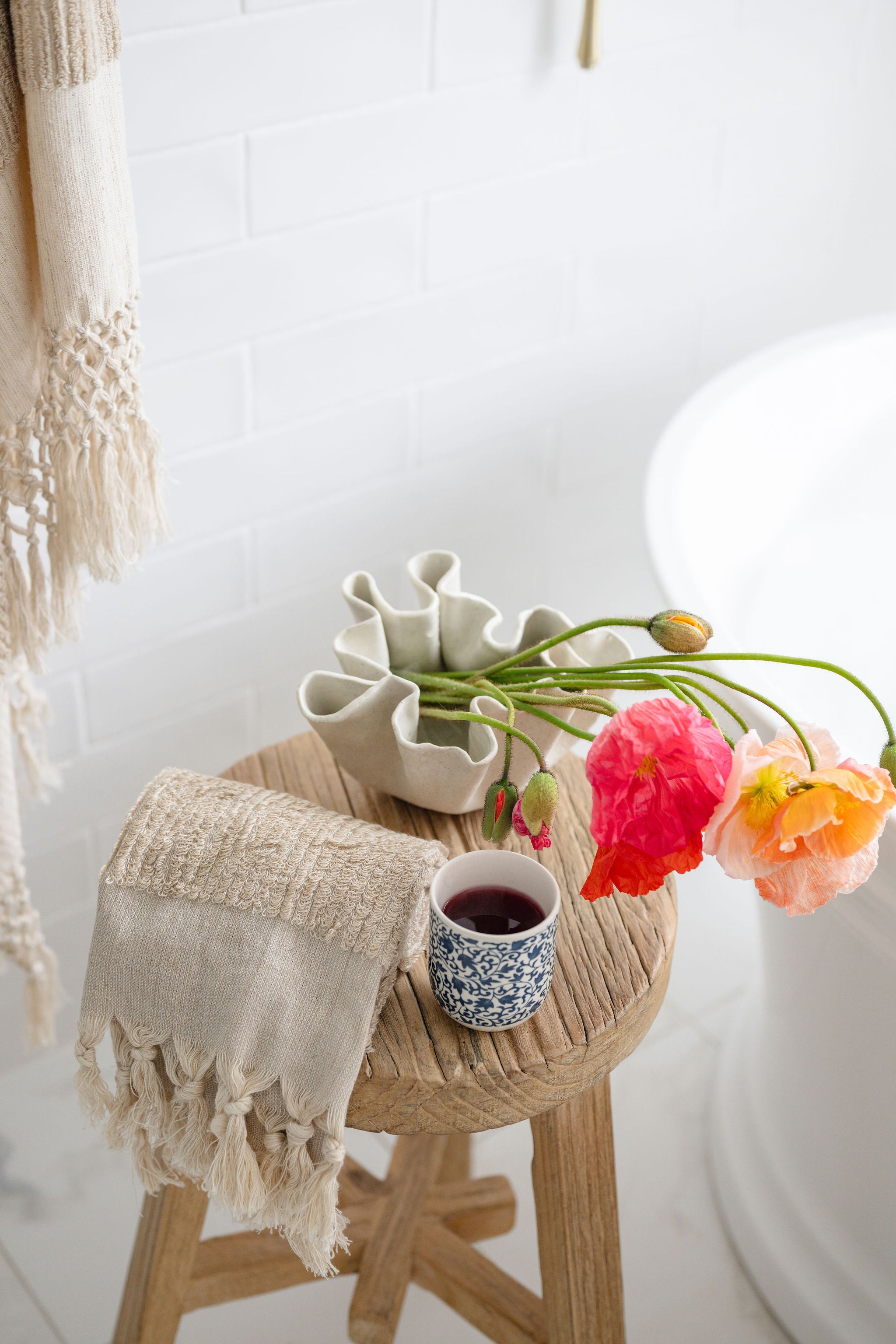 Ecru striped small hand towel with thick loops from Turkish Bath & Home, soft and absorbent for everyday use.