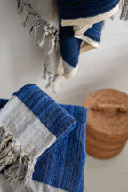 Turkish Bath & Home small hand towel in ecru and blue, thick face cloth perfect for bathroom or spa use.