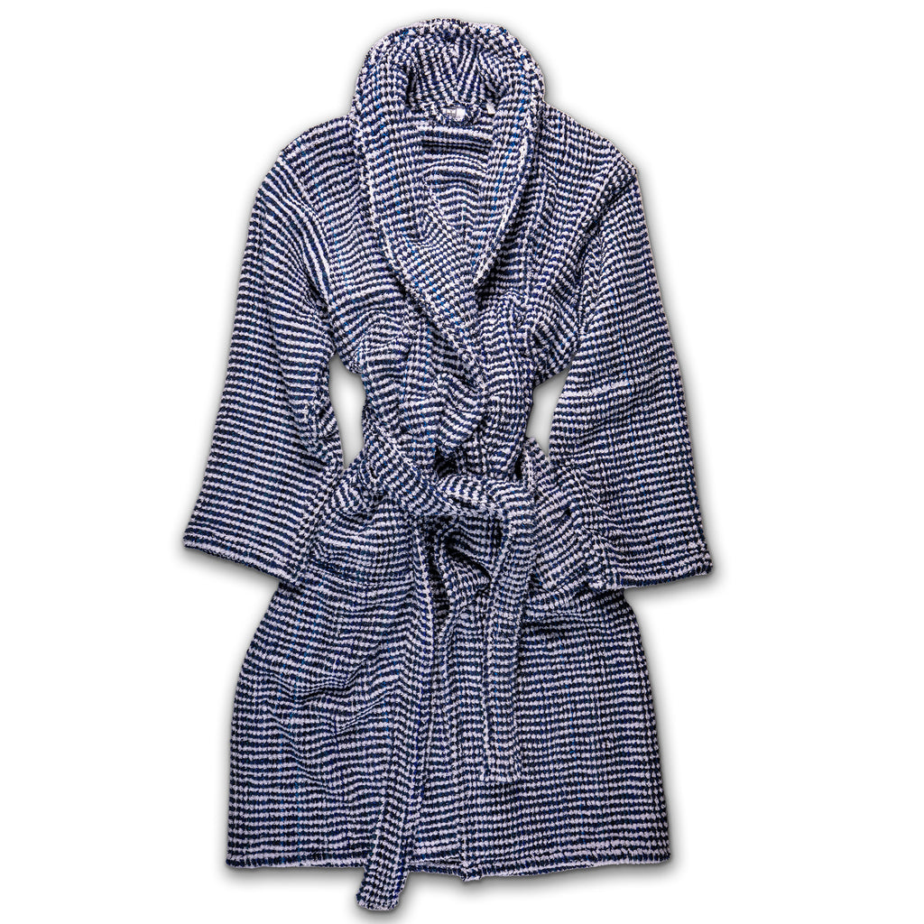 Thick blue and white Turkish Bath & Home towelling robe with a cozy, looped texture, ideal for comfortable lounging and bathing.