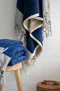 Large Thick Blue/Ecru Handwoven Towel