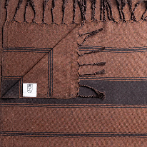 Turkish Bath & Home chocolate bold stripe lightweight towel with flat weave, ideal for beach or home use.