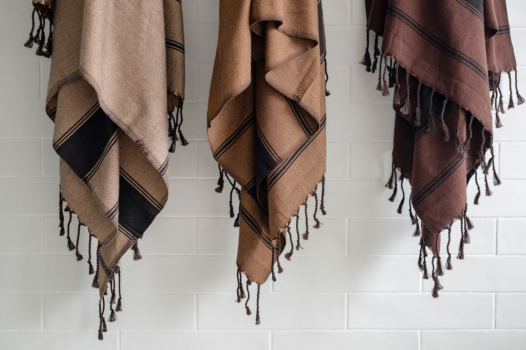 Lightweight Turkish Bath & Home chocolate bold stripe towel with stylish design, perfect for home or travel use.